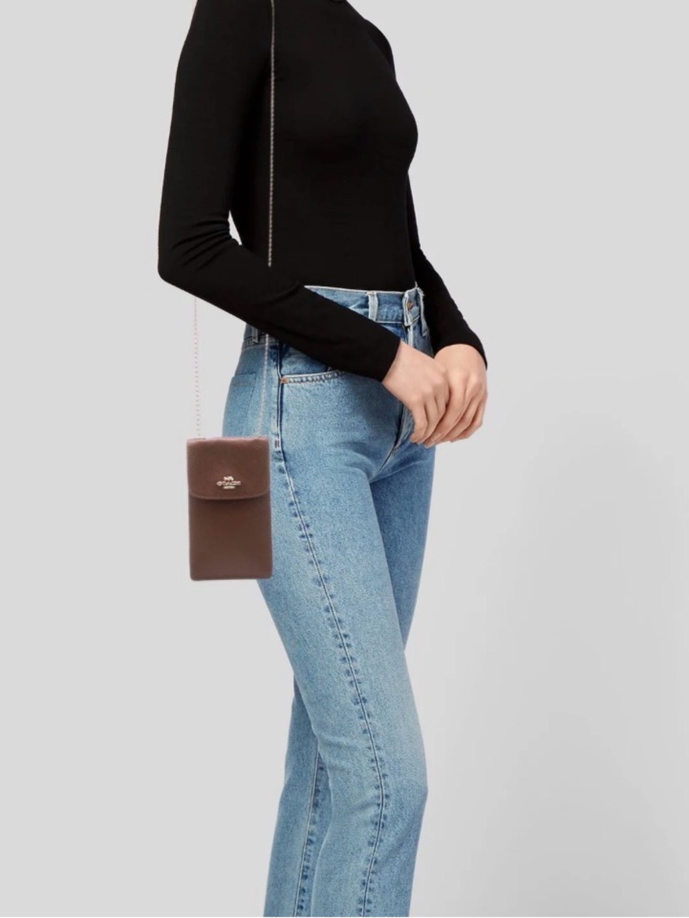 Coach Brown Pebbled Leather Crossbody Phone Pouch with Gold Chain